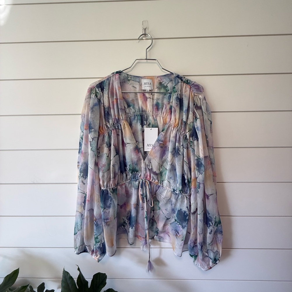 MISA Los Angeles Watercolor Floral Blouse Pastel Boho Romantic Top XL